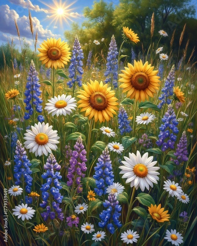 A field of wildflowers with daisies and sunflowers