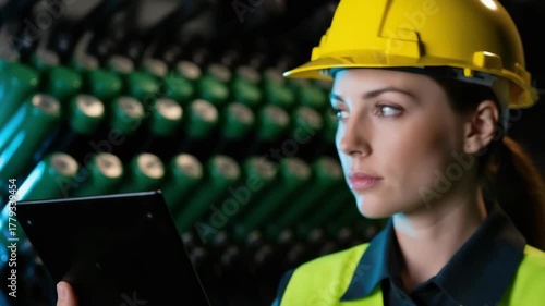 Worker in hardhat and safety vest holds clipboard and inspects rows of industrial equipment, conducting electric maintenance. Electric maintenance of equipment ensures proper function in factories
