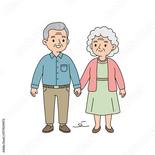 Elderly Couple Holding Hands Dressed in Casual Attire with a Walking Stick and Bag on a Clean White Background Simple Flat Design Style