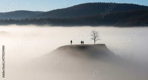 Ethereal Morning Mist Landscape Reflecting in Calm Water
