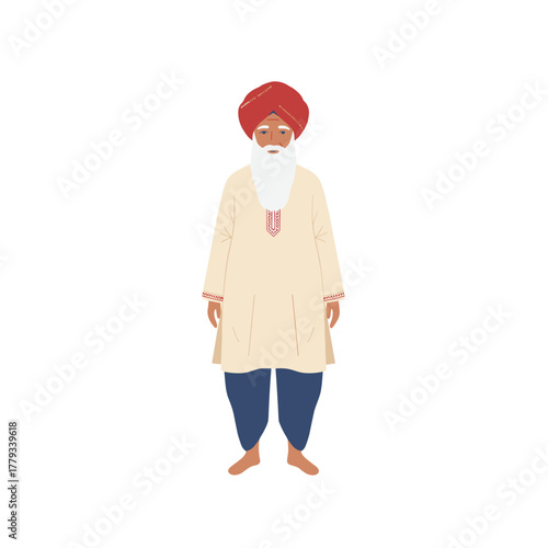 Elderly Sikh Man Wearing Traditional Red Turban and Cream Colored Kurta Pajama Standing Peacefully With Beard and Bare Feet