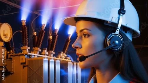 Electrical engineer woman working near a transformer for maintenance checks. Electrical engineer communicates using headset and wears a helmet for safety at work site.