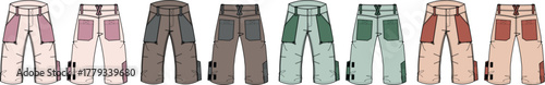 Collection of various colored pants, each featuring unique pocket designs and stitching details, showcasing modern fashion apparel