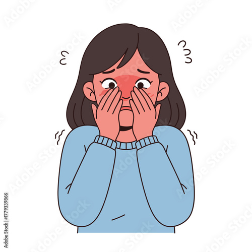 Embarrassed Young Woman With Blushing Face Covering Mouth And Nose With Hands Showing Anxiety And Shame With Squiggly Lines Indicating Distress Against Black Background Flat Illustration Style