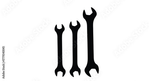 Silhouette of wrenches isolated on white background in three different sizes