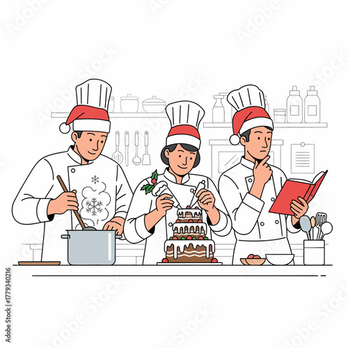 Flat vector chefs preparing christmas cake in a kitchen setting