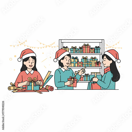 Flat vector illustration christmas gift wrapping preparation friends talking cheerfully