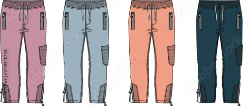 Fashion technical flat sketch of unisex cargo jogger pants with multiple zipper pockets, presented as a vector template in four different colorways