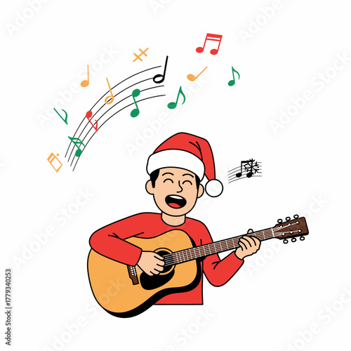 Flat vector Christmas carols joyous musician playing guitar festive notes