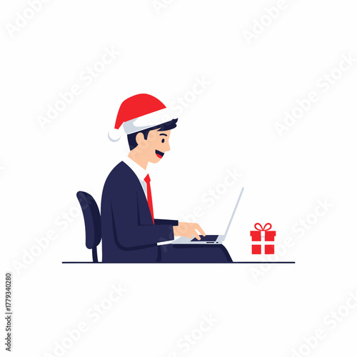 Flat vector businessman wearing santa hat working on laptop cheerfully