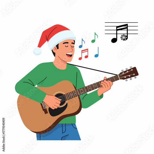 Vector illustration man with christmas hat singing and playing guitar