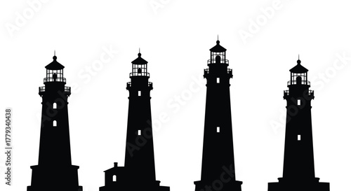 Four lighthouse silhouettes isolated on white background in a row