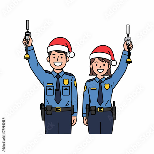Illustration: Two festive police officers ringing jingle bells joyfully
