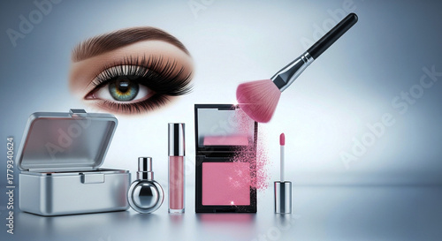 Natural skincare solutions. A cosmetic brush for facial application. Pink powder and beauty tools. A stylish bag with lipstick. Mascara for long eyelashes