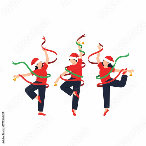 Flat vector christmas dancers celebrating with ribbons and bells cheerfully