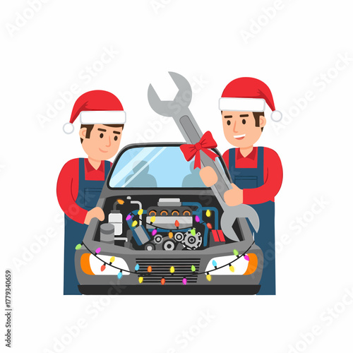 Flat vector mechanics wearing santa hats repairing car engine holiday