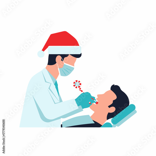 Flat vector dentist wearing santa hat examining patient's teeth