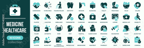Medicine and healthcare fill icon collection. Set of treatment, pharmacy, doctor, surgery, and recovery icons. Created in colored style with turquoise palette