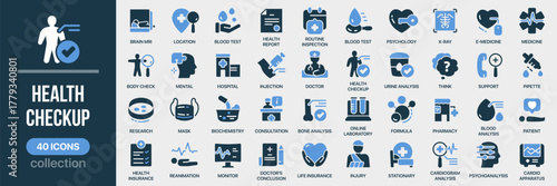 Health checkup fill icon collection. Includes diagnostics, heart, monitoring, care, prevention, and analysis icons. Created in colored style with blue palette