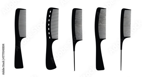 Collection of five black combs isolated on white background for hair care