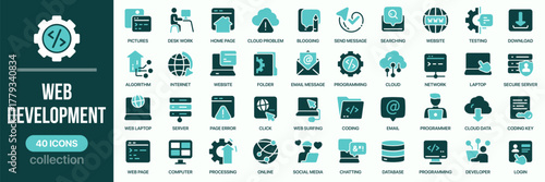 Web and development fill icon collection. Includes website, coding, server, database, and online communication icons. Created in colored style with turquoise palette