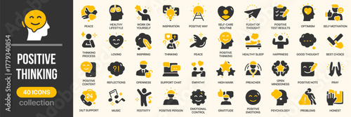 Positive thinking fill icon collection. Includes motivation, happiness, emotions, optimism, and inspiration icons. Created in colored style with yellow and gray palette