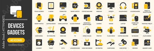 Devices and gadgets fill icon collection. Set of electronics, computer, smartphone, router, and camera icons. Created in colored style with yellow and gray palette