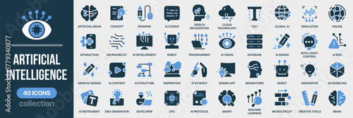 Artificial intelligence fill icon collection. Includes AI, robotics, programming, innovation, and smart technology icons. Created in colored style with blue palette