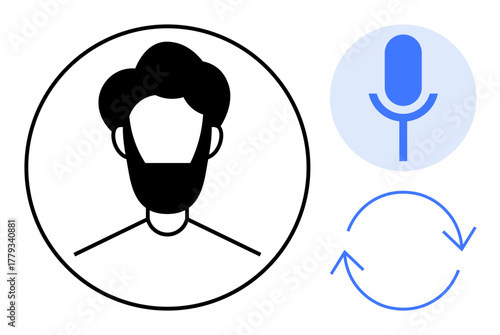 Profile avatar with beard inside a circle, blue microphone icon, and circular arrows symbolizing voice interaction, recording, technology, user identification, media, audio processing. Ideal