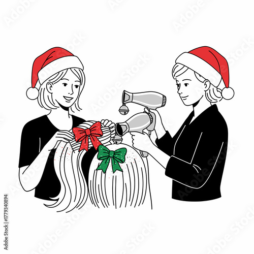 Line art illustration: Hairdresser styling clients' hair with Christmas hat