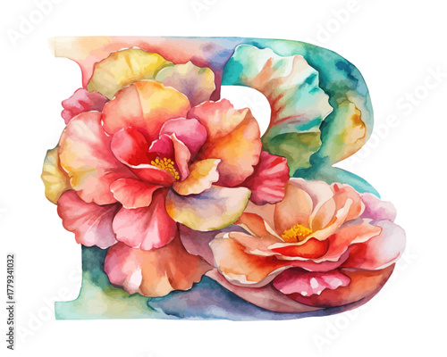 Watercolor Letter B with flower vector illustration isolated on white background