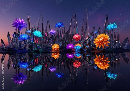 Magical glowing flowers reflected in dark water at twilight