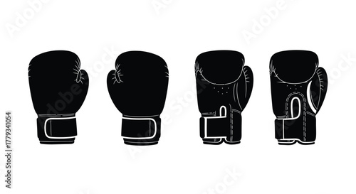 Four boxing gloves in silhouette isolated on white background