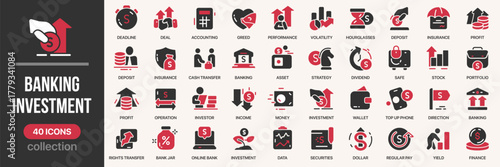 Banking and investment fill icon collection. Includes insurance, profit, dividend, wallet, chart, data, and strategy icons. Created in colored style with deep red and gray palette