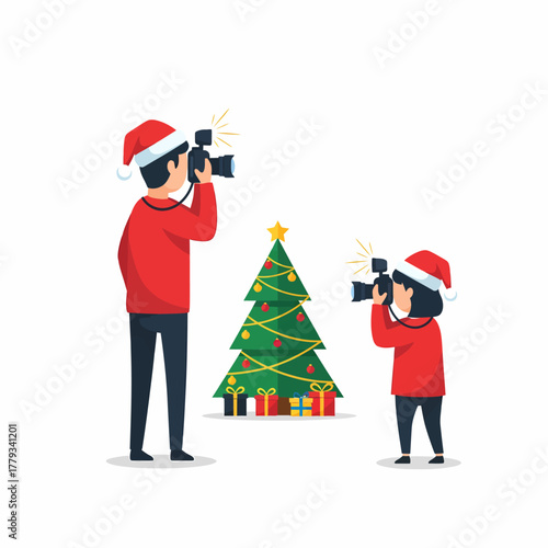 Flat vector father and daughter photographing christmas tree cheerfully celebration