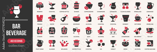 Bar and beverage fill icon collection. Includes cocktail, wine, beer, whiskey, coffee, and drink icons. Created in colored style with red palette