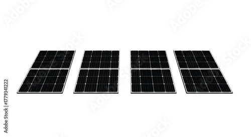 Four solar panel arrays isolated on white background for renewable energy generation