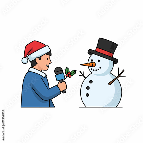 Flat vector man interviewing snowman during christmas season holiday celebration