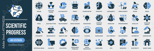 Scientific progress fill icon collection. Includes research, innovation, robotics, chemistry, and energy icons. Created in colored style with blue palette