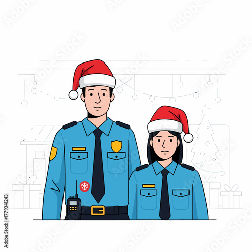 Flat vector two police officers wearing santa hats festive scene