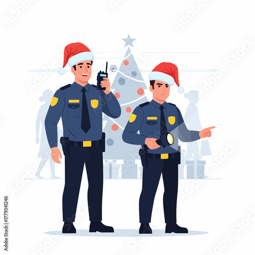 Flat vector police officers wearing santa hats at christmas event