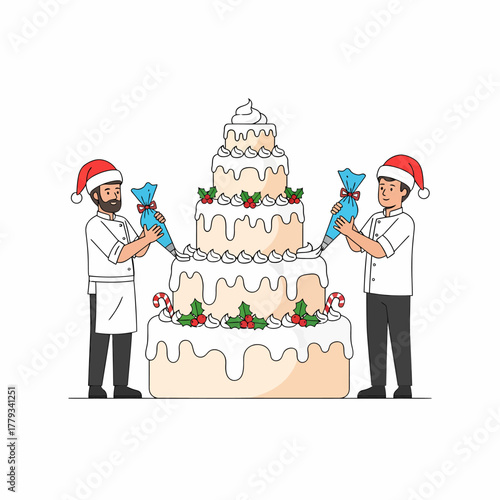 Illustration chefs decorating christmas tiered cake with icing piping bags
