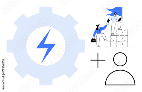 Gear with lightning bolt, leaders helping teammates on puzzle steps, plus sign, user icon. Ideal for teamwork, productivity, leadership, innovation ideas strategy partnership. Simple flat metaphor