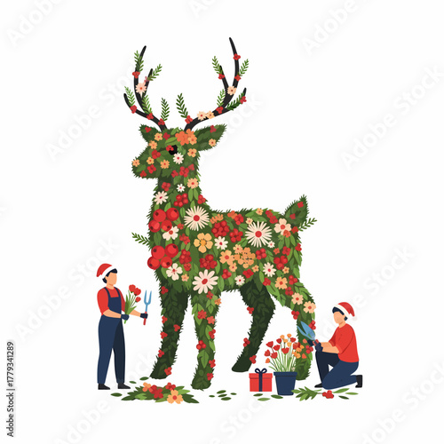 Flat vector floral deer topiary christmas gardening activity holiday decoration