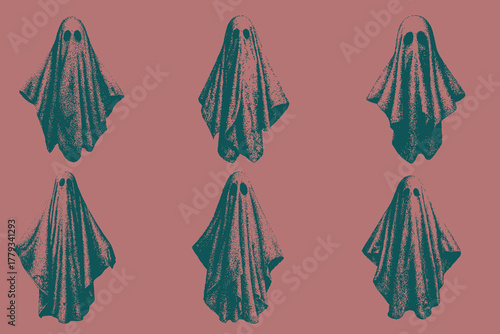 Collage ghost element with vintage stippling photocopy effect vector illustration. Creepy Halloween Retro ghost for psychedelic surreal poster, with experimental grunge dotted texture