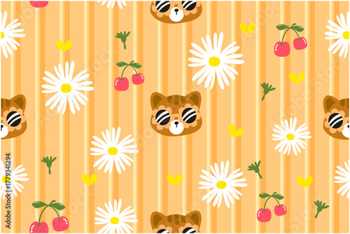 Seamless vector floral pattern with flowers, bear, and cherry for a spring or summer fabric design