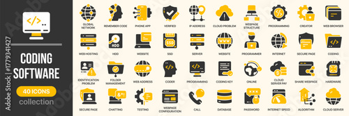 Coding and software fill icon collection. Set of programming, internet, technology, computer, and development icons. Created in colored style with yellow and gray palette