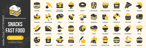 Snacks and fast food fill icon collection. Set of burger, pizza, fries, sandwich, and sweet icons. Created in colored style with yellow and gray palette