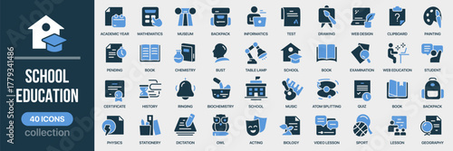 School and education fill icon collection. Set of students, books, chemistry, and class icons. Created in colored style with blue palette