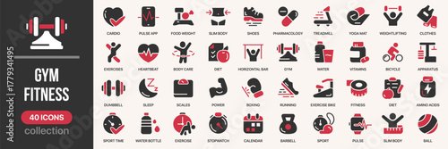 Gym and fitness fill icon collection. Includes exercise, workout, bodybuilding, health, and sport icons. Created in colored style with red palette